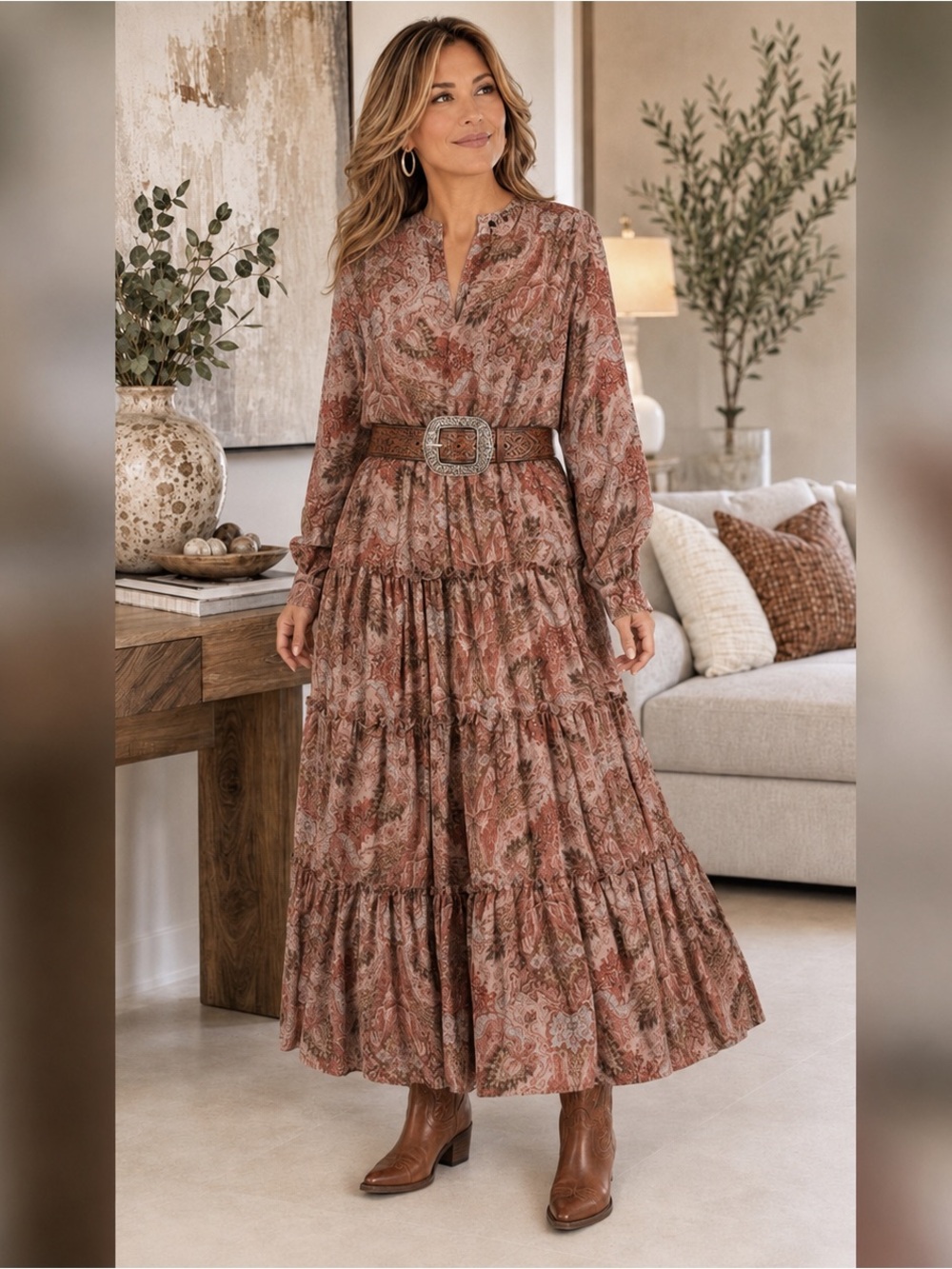 Wonderly by Belk Rust Paisley Tiered Maxi Dress